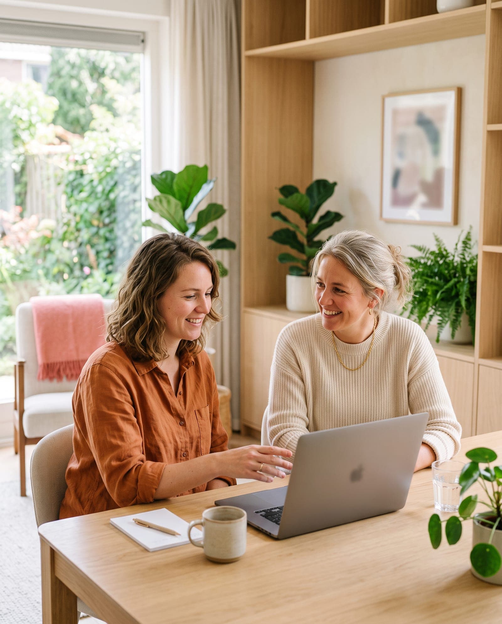 Twee verloskundigen bekijken samen de planning op een laptop